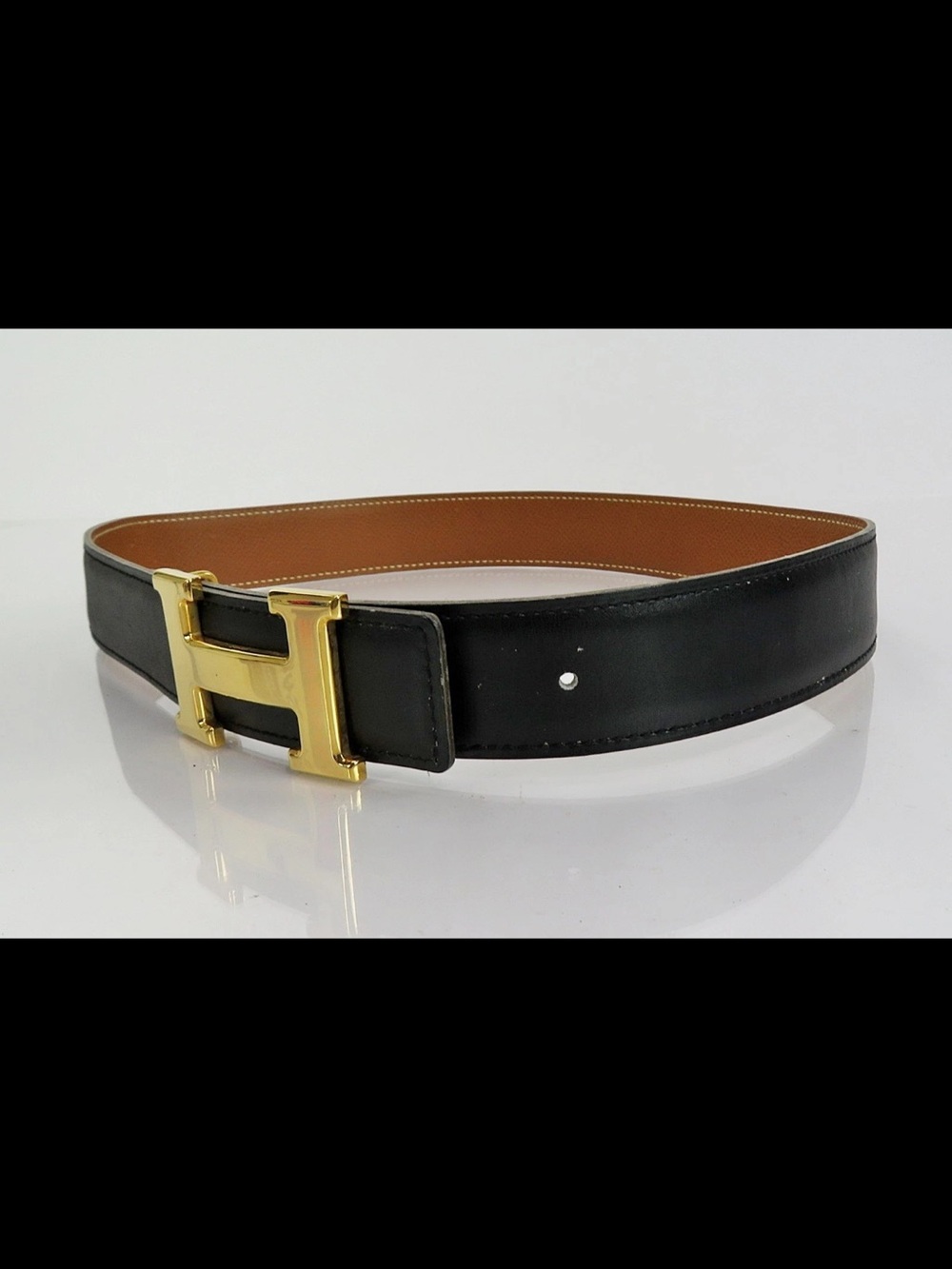Hermes Black Leather Belt with Gold H Buckle